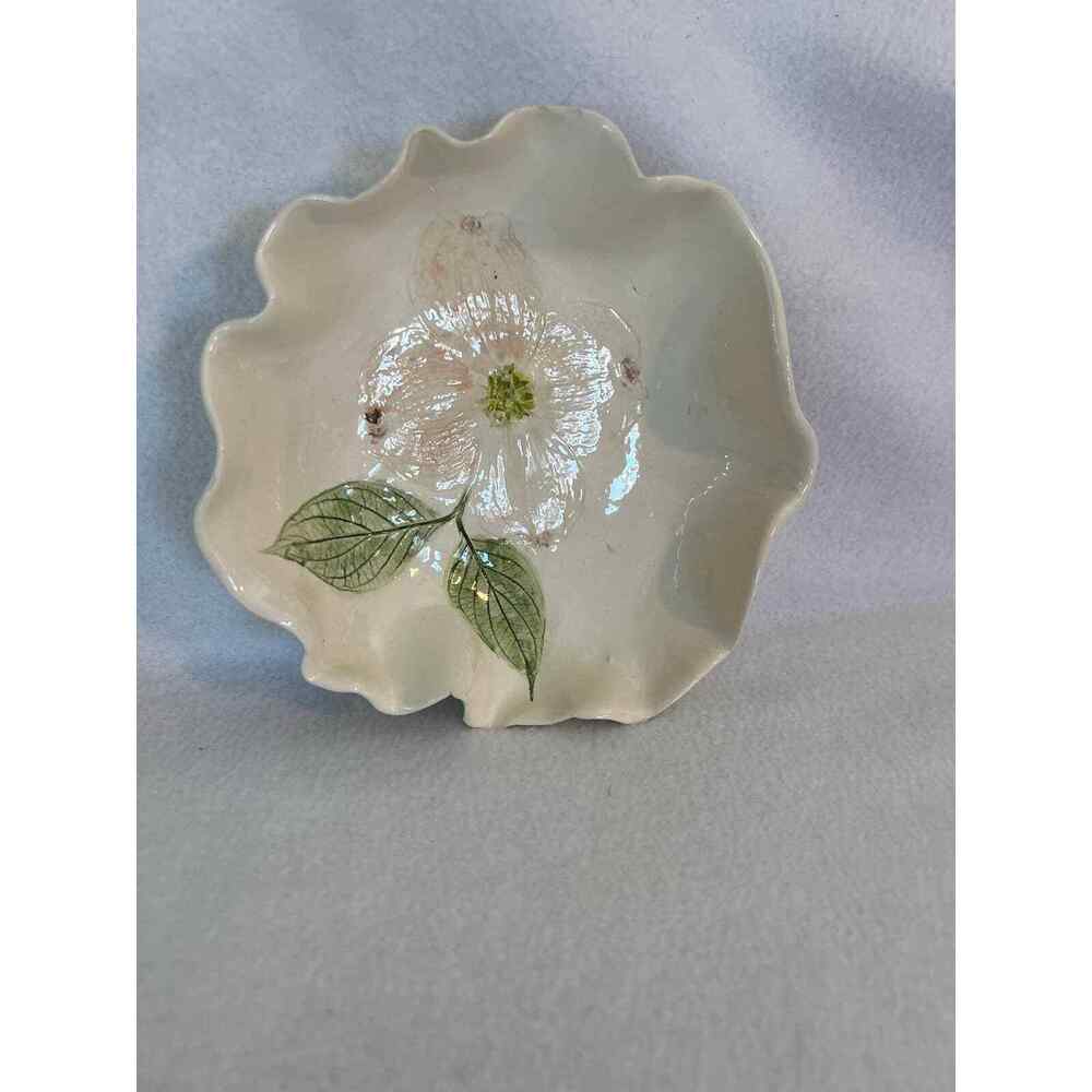 Handmade Ceramic Dogwood Flower Trinket Dish Signed Ann Kennedy Artisan Pottery